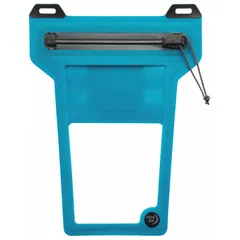 Blue plastic phone pouch with built-in anchor points and included lanyard. Waterproof design protects cell phones from moisture. Overall height 6 1/2 inches. Compatible with any universal cell phone brand or model.