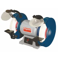 This fixed-speed bench grinder operates at 1725 RPM with a 1/3 hp motor and accepts 8-inch diameter wheels. It runs on 120V AC power. Suitable for sharpening, deburring, and shaping metal parts in maintenance and fabrication settings.