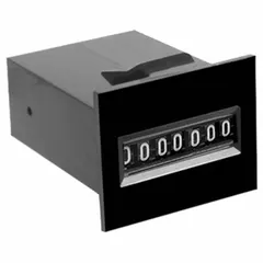 Analog electromechanical counter with front panel mounting. Dimensions 1 in x 1 3/8 in. Operates on 12 V DC to 24 V DC power supply. CE certified. Suitable for counting cycles, production tallying, and process monitoring in industrial equipment.