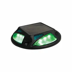 Solar-powered LED light with green lens for marking rail and track areas. Operates at 1.2V, with 4 13/16 in overall diameter and 7/8 in overall height. Provides self-contained illumination without external wiring.