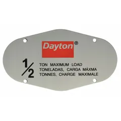 This capacity label is a replacement part for Dayton brand material handling equipment. It is designed to fit models 1VW51, 1VW52, 1VW53, and 1VW54, providing load capacity information for compliance and safe operation.