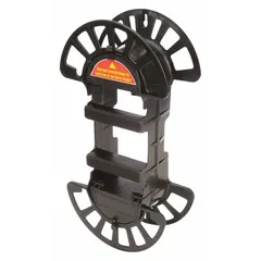 This hand-held cord storage reel is made of black plastic and holds up to 100 ft of cord. It is designed for portable use, allowing easy winding and unwinding of extension cords or other flexible cables in workshops, job sites, and maintenance areas.
