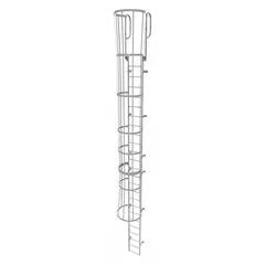 This fixed ladder is constructed of steel with an overall width of 18 inches and 25 rungs. It includes a safety cage for fall protection and is designed for permanent industrial access applications such as maintenance, inspection, and rooftop entry.