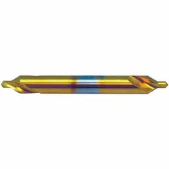 This plain-tip center drill is a double-end tool with a #4 1/2 size, 60° included angle, and 6-inch overall length. Constructed from TiN coated cobalt, it is used to create conical starting holes for accurate alignment between centers in lathe work, supporting workpieces during turning or grinding operations.