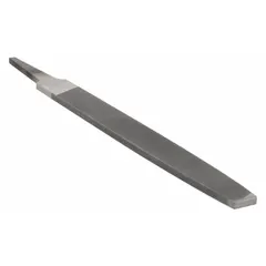 This tapered single-cut rectangular file features a bastard cut and natural finish. It measures 6 inches in length without tang, 5/8 inches in width, and 13/64 inches in thickness. Suitable for precision metal shaping, deburring, and finishing on flat surfaces and edges in machining and fabrication applications.