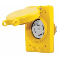 Watertight locking receptacle rated for 120/208V AC and 20 A, with 4 poles and 4 wires. Yellow non-NEMA design for outdoor or temporary power distribution in industrial settings.