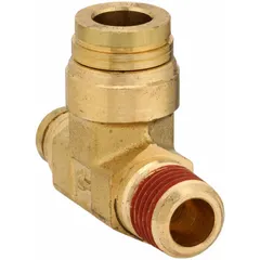 Brass tee fitting with two push-to-connect ports for 3/8 in OD tubing and one male NPT thread. Vibra-Seal thread sealant is pre-applied to the male thread for vibration-resistant sealing. Used in pneumatic systems for branching or combining air lines.