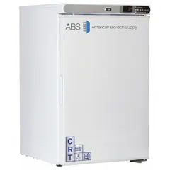This cabinet maintains a stable 20°C to 25°C environment for temperature-sensitive materials. It operates on 115 V and includes four adjustable shelves. The right-hinge door provides access to the interior. Overall dimensions are 17 3/4 in width and 19 1/2 in depth.