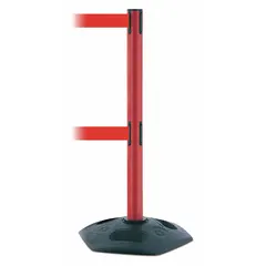 Solid-color retractable belt post barrier with a red plastic post and a red belt without pattern or legend. The rubber base provides stability. Commonly used for pedestrian flow management, queue guidance, and cordoning off areas in industrial and public settings.