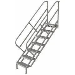 Steel stairs with 7 perforated steps and a 450 lb load capacity. Gray finish. Suitable for providing elevated access in industrial environments such as factories, warehouses, and workshops.