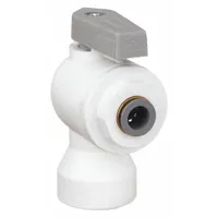 PARKER Manual Two-Way Ball Valve: 1/4 in, Polypropylene, Angle, Push x FNPT, Full Port Ball Port (MPN LFPP4VFE4)
