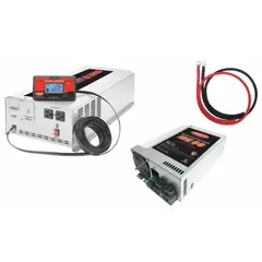 Multi-unit inverter and battery charger converting 10.5-15V DC to 120V AC modified sine wave with 6000W peak output. Charger accepts 105-130V AC input and outputs 13.2-14.4V. Suitable for mobile workshops, RVs, and backup power systems.