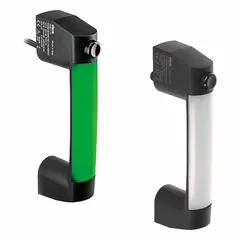 Door handle safety interlock switch with a black glass-fiber reinforced polyamide handle, 113 mm grip length, and green LED strip. Features 2NC auxiliary contacts and cable connector with wire leads. Rated IP67 and UL94 V0. Used on industrial machinery guards and access panels to prevent operation when the door is open.