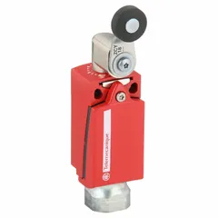 This safety interlock switch from the XCSD Series features a roller lever actuator and a contact configuration of 1NC/1NC/1NO. It is designed for monitoring guard doors and access panels on industrial machinery, with a 1/2 in NPT conduit terminal connection for wiring. Typical applications include use in manufacturing, packaging, and material handling equipment where machine operation must be prevented when guards are open.
