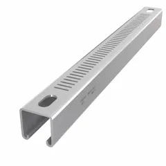 Steel strut channel with pre-galvanized zinc finish, 12 ga gauge, and narrow perforated slots at 8 mm spacing. Used for supporting and securing mechanical, electrical, and plumbing systems in construction.