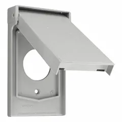 Thermoplastic nylon weatherproof cover for single receptacle electrical boxes. Gray, vertical-mounting design with a 1.60-inch hole and 4 3/4-inch overall height. Suitable for outdoor or damp-location installations requiring a single-gang enclosure.