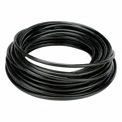 Polyurethane tubing with 3/8 in inner diameter and 1/2 in outer diameter, supplied in a 100 ft length. Black color, Shore A 90 to 95 hardness. Maximum operating pressure 110 psi at 180°F. Suitable for pneumatic and fluid transfer applications in industrial automation and material handling.