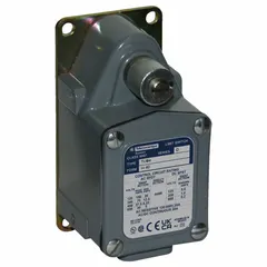 Metallic rotary-motion limit switch from the 9007T series, designed for angular position detection in industrial machinery. Features 14° pretravel and 89° total travel, with screw clamp terminals. No actuator included. Suitable for applications requiring precise rotational monitoring, such as conveyors and packaging equipment.