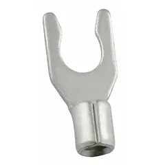 Non-insulated locking fork terminal for #6 stud size, accepting 12 AWG to 10 AWG wire. Rated 600 V. Suitable for secure electrical connections in control panels, machinery, and power distribution applications.