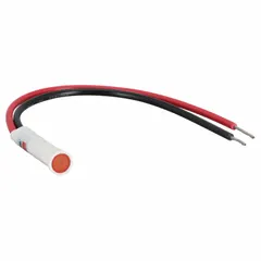 This LED indicator pilot light features a flush head for panel mounting in a 5/16-inch diameter hole. It is used to signal equipment status on industrial control panels. Electrical connection is via 6-inch wire leads.