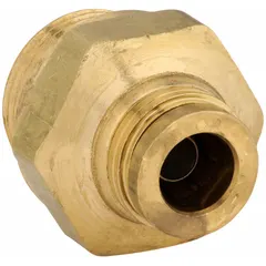 This brass push-to-connect adapter connects 1/2 in OD tubing to a 22 mm metric port. It is used in air brake systems, pneumatic controls, and fluid power applications for tool-free, leak-free connections.
