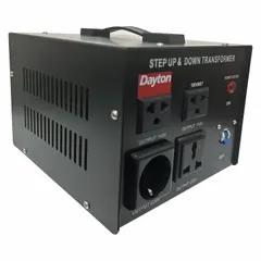 DAYTON Step Up/Step Down Voltage Converter: 1.5 kVA Power Rating, Single Phase, 50/60 Hz, 4 Outlets. Key specifications — Frequency: 50/60 Hz; Protective Device: None; Voltage Conversion: 110 to 220V AC; Brand: DAYTON; Phase: Single.