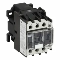 This non-reversing IEC contactor features 3 poles and 3 normally open contacts, rated for 32 A with a 24V AC coil. It is used for switching electrical loads in industrial motor control and automation systems, such as conveyors, pumps, and compressors requiring on/off control of 3-phase motors.