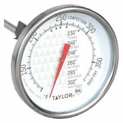 Analog stem thermometer for candy making and deep frying. Features a 2 in dial, 6 in overall length, and 1/4 in diameter stem. Stainless steel case with glass lens. Accuracy ±5 °F. NSF certified and metal detectable.
