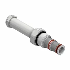 Screw-in solenoid cartridge valve with two-position, three-way configuration. Designed for C10-3 cavity size. Constructed with steel body and polyurethane seals. Electrically operated for directional control in hydraulic systems.