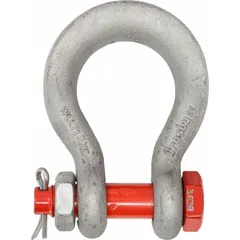 This wide-body anchor shackle is designed for heavy lifting and rigging applications where a larger bearing surface is required. It has a working load limit of 80,000 lb and a width between eyes of 2 7/8 in. The shackle is finished in silver.