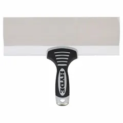 This taping knife features a straight stainless steel blade that resists corrosion, suitable for spreading joint compound and smoothing tape in drywall finishing. The plastic handle provides a comfortable grip. It is commonly used in construction and renovation for taping and finishing applications.