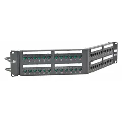 Steel unshielded patch panel with 48 RJ45 ports in 2 rack units. Rear IDC termination for Category 5e cabling. Front numbered labeling. Supports 4-pair Power over Ethernet (4PPOE). Used in data centers and telecom rooms for structured cabling termination and organization.