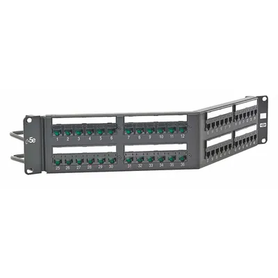 HUBBELL PREMISE WIRING Patch Panel: Angled, 2 Rack Units, 48 Ports, 5e, IDC, 4-Pr PoE (4PPOE) - Rack-Mount Punchdown RJ45 Patch Panels