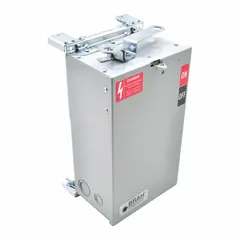 Fusible bus plug for use with GE Armor Clad Busway. Rated 100 A, 240V AC, 3-phase, 3-wire. Includes weather stripping. Suitable for power distribution in industrial settings.