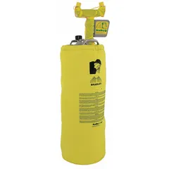 Pressurized portable eyewash station with 15-gallon capacity for emergency eye flushing. Heated unit operates on 120 V AC with plug-in connection and push-plate activation. Includes inspection tag; meets ISEA standards. Water preservative included; media and contents sold separately. No drench hose.