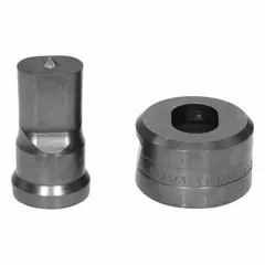 This punching die set produces oblong holes measuring 11/16 x 1 in. It is compatible with ironworker sizes of 55, 65, 100, and 120 tons. Used in structural steel fabrication and general metalworking for creating slotted openings in metal workpieces.