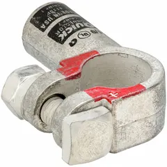 This FUSION battery terminal is a right-elbow alignment crimp connector for 1/0 gauge positive battery cables. It features a black color code and copper contact material with tin plating. Typical applications include marine, automotive, and industrial electrical systems requiring a secure, corrosion-resistant connection.