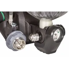 Self-contained breathing apparatus (SCBA) from the MSA G1 series. Features a carbon-wrapped cylinder rated at 4,500 psi providing 45 minutes of breathable air. Suitable for respiratory protection in hazardous environments such as chemical plants, refineries, and confined spaces.