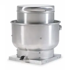 Unassembled upblast ventilator for roof or wall mounting in commercial kitchen exhaust applications. Square base, belt-drive type supplied without drive package. Wheel diameter 24 1/2 in, airflow range 2,471 to 10,335 cfm, motor rating 1/4 hp. Not for high-static pressure use.