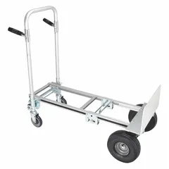 This 2-position convertible hand truck from Dayton features a dual-handle design with a silver aluminum frame and pneumatic tires. It can be used as a standard hand truck or converted to a flat platform for transporting bulky items. Suitable for moving heavy loads in industrial, warehouse, and delivery settings.