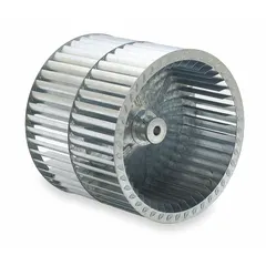 This dual-inlet forward-curved blower wheel has an 11-inch diameter, 10 5/8-inch width, and 1/2-inch bore. Constructed from steel with CW Hub End rotation, it is suited for use in industrial air-moving systems such as HVAC units, ovens, and ventilation equipment.
