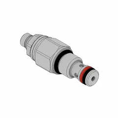 Screw-in, two-way pressure control cartridge valve with screw adjustment. Constructed from steel with a polyurethane seal. Designed for C04-2 valve cavity size. Used in hydraulic systems to limit system pressure and protect components from overpressure.