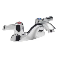 This centerset handle bathroom faucet from the Delta Commercial series features cast brass construction with a chrome finish and an arc spout. It has a flow rate of 1.5 gpm and includes an open grid strainer. Suitable for commercial restroom applications requiring a low-profile faucet.