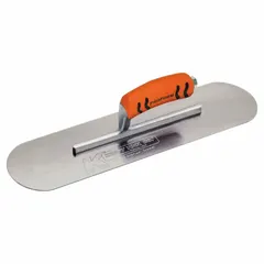 Swimming pool trowel with a round carbon steel blade, 5 inches wide. Designed for finishing concrete surfaces in pool construction and repair, such as plaster and gunite applications.