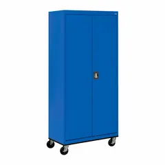 This mobile shelf cabinet from SANDUSKY is constructed of steel with a powder-coated blue finish. It features four adjustable shelves, a three-point locking system, and a recessed door handle. The cabinet is mounted on casters for mobility and is factory-assembled. Suitable for storage in industrial facilities, workshops, and warehouses.