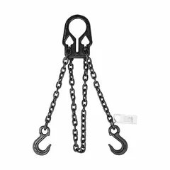 Double-leg chain sling with adjustable length, Grade-80 chain, and steel sling hooks. Used for overhead lifting and rigging tasks in industrial environments such as manufacturing, construction, and warehousing. Sling length is 14 ft.