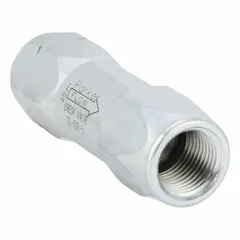 Steel-bodied check valve with 1/2 in NPT inlet and outlet connections. Rated for 3000 psi and 40 gpm. Allows flow in one direction and prevents backflow in hydraulic systems.