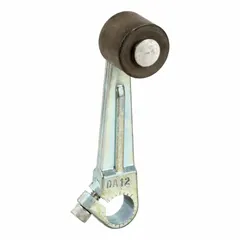 Fixed roller lever accessory for limit switches, featuring a rotary lever roller actuator with outside offset roller position. Arm/operator length is 1.5 inches maximum. Compatible with TELEMECANIQUE SENSORS 9007AW series limit switches. Used to detect position of moving parts in industrial automation and material handling.