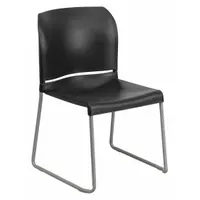 This plastic stackable chair features a black plastic seat and a silver steel frame. Designed for space-saving storage, it is suitable for use in conference rooms, training centers, and cafeterias