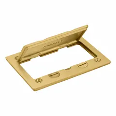 Rectangular brass floor box cover with a brushed gold finish. Designed to protect and conceal electrical floor boxes in commercial and industrial settings, providing a flush-mount solution for power and data outlets.